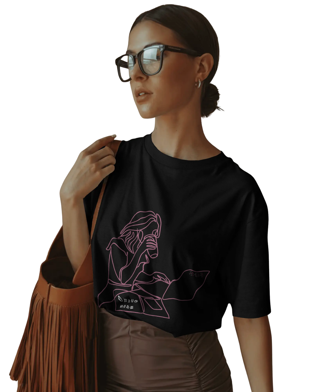 A Female model wearing ONVR Corporate Debug Mode oversized T-shirt