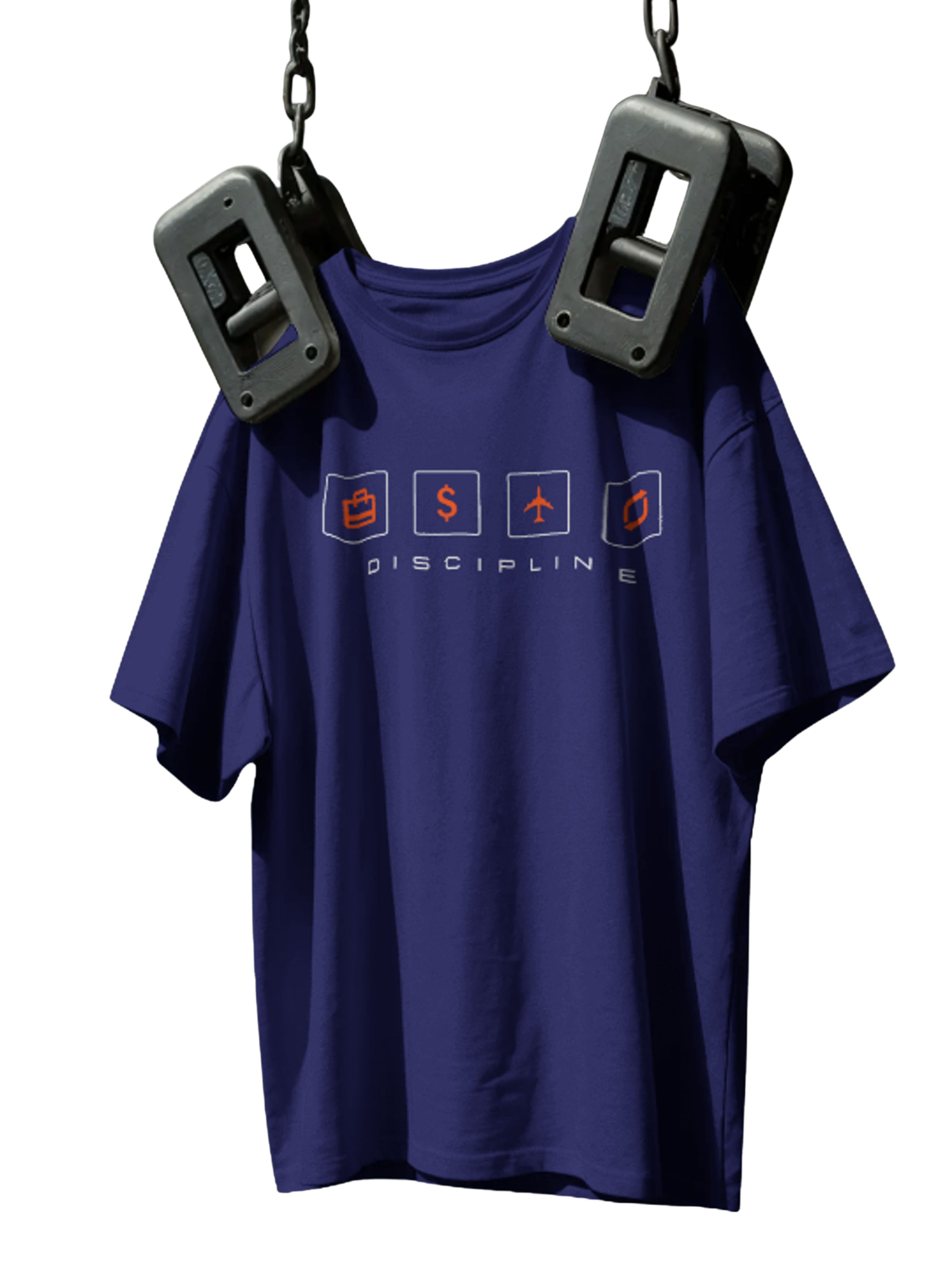 Navy Blue t-shirt with text and graphics on a white background