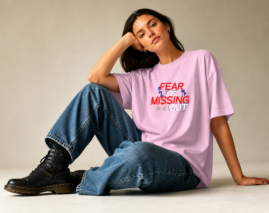 Person wearing a pink t-shirt with text sitting on the floor against a plain background