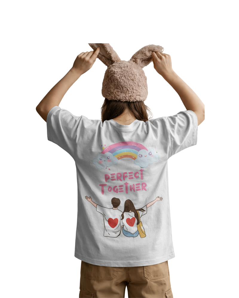 Women model wearing a ONVR white t-shirt with a graphic design and text, standing against a white background.