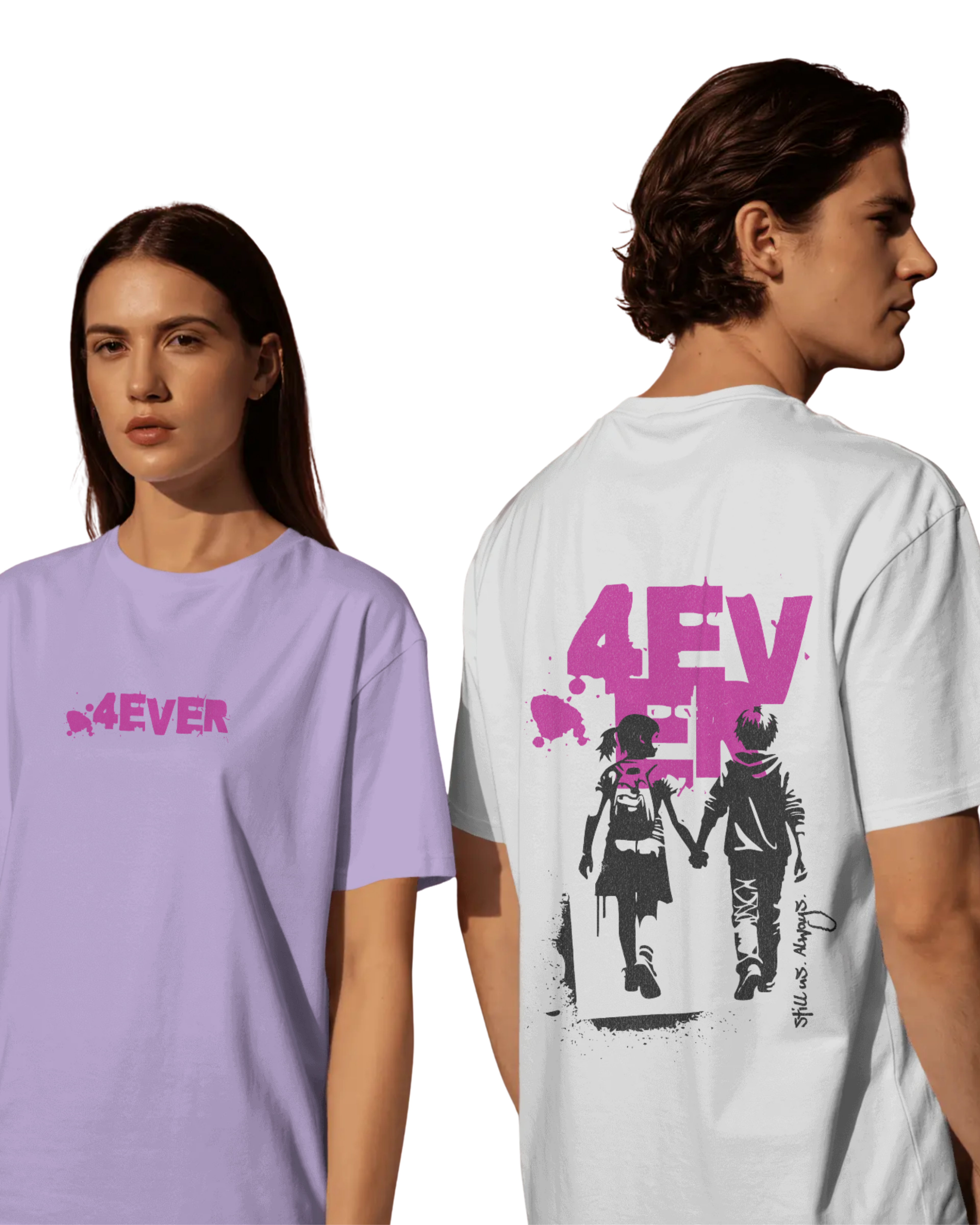 Two people wearing ONVR t-shirts with '4EVER' text and graphic design.