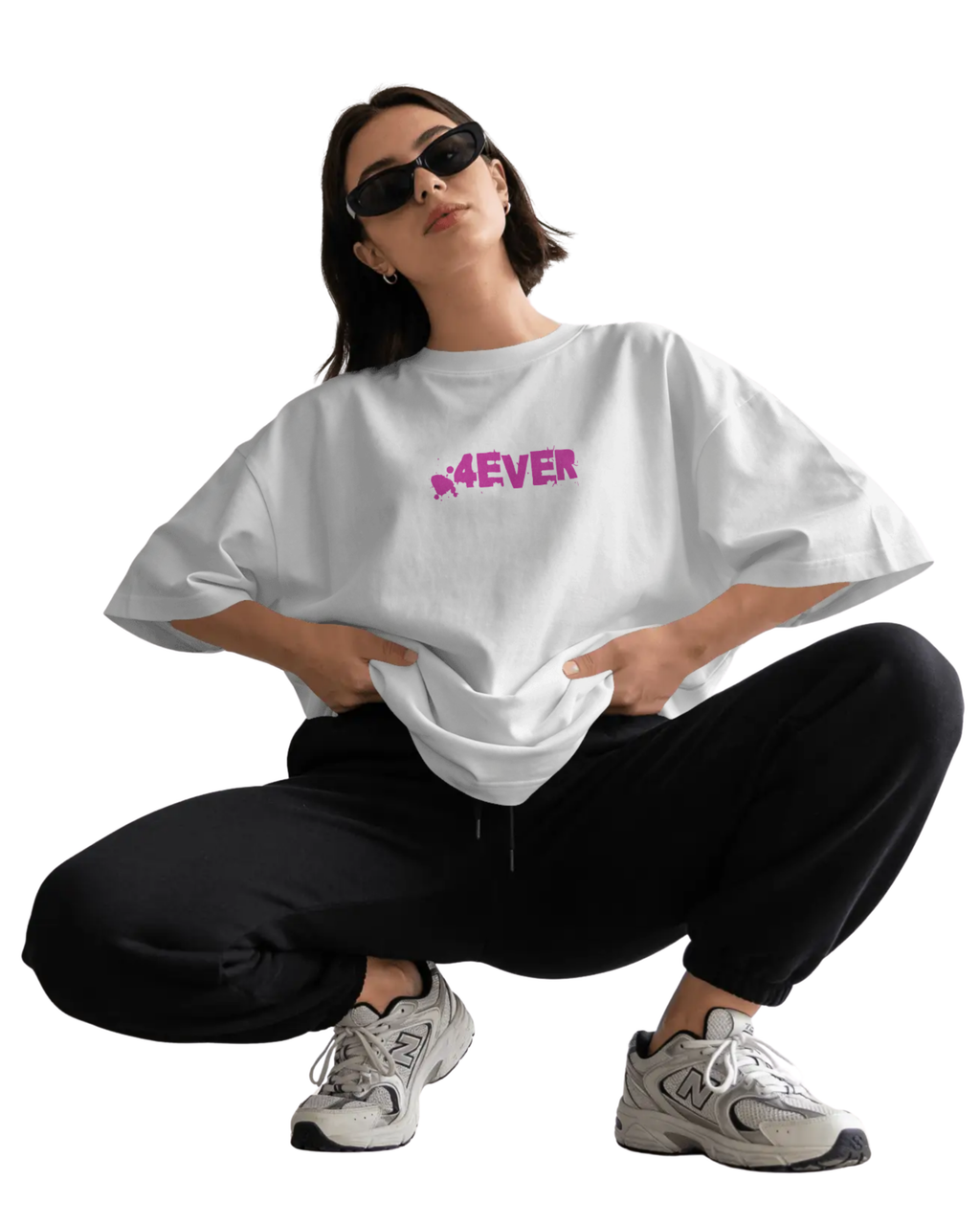 female model wearing ONVR oversized unisex couples tee