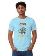 A man wearing a light blue graphic ONVR t-shirt with a retro pixel art dragon riding a skateboard and the text 'Dragons Don't Walk, They Roll' above a 'LOADING .