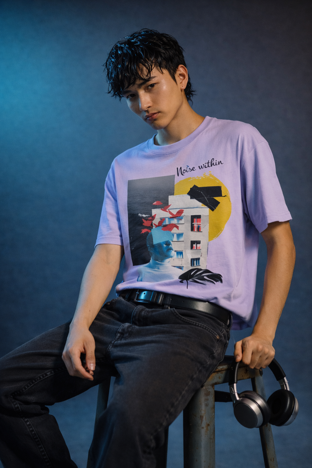 Person wearing a graphic t-shirt sitting on a stool with headphones, against a dark background