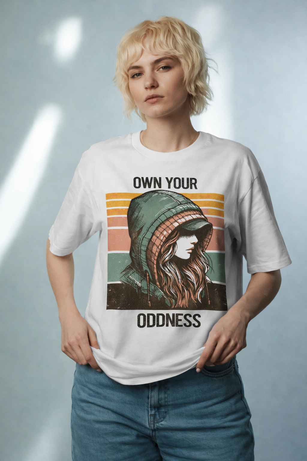 Person wearing a t-shirt with a graphic design and text on a plain background