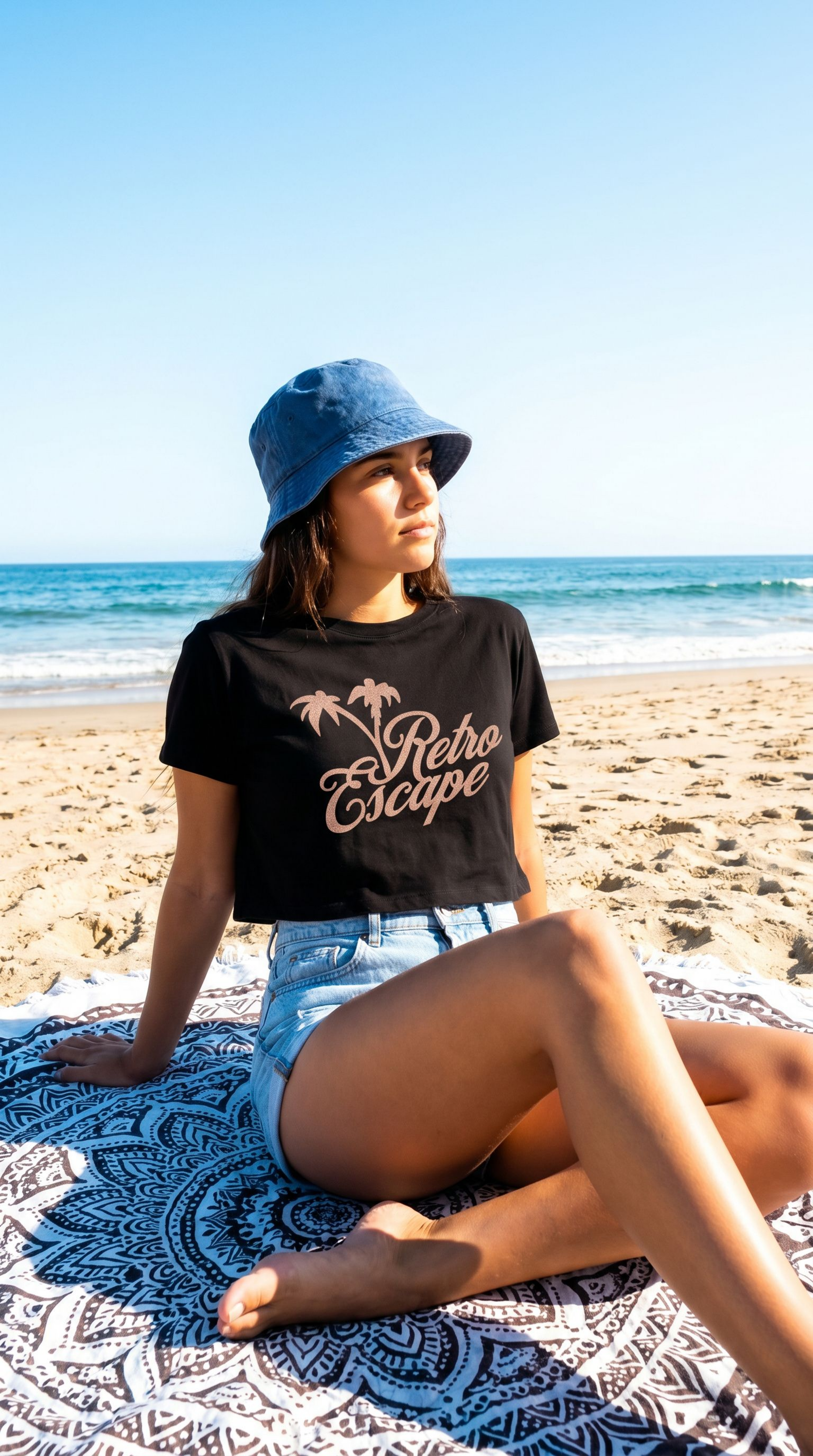Person sitting on a beach wearing a black t-shirt with 'Retro Escape' text and a blue bucket hat.