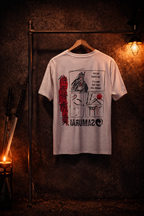 White t-shirt with graphic design hanging on a rack against a dark textured wall.